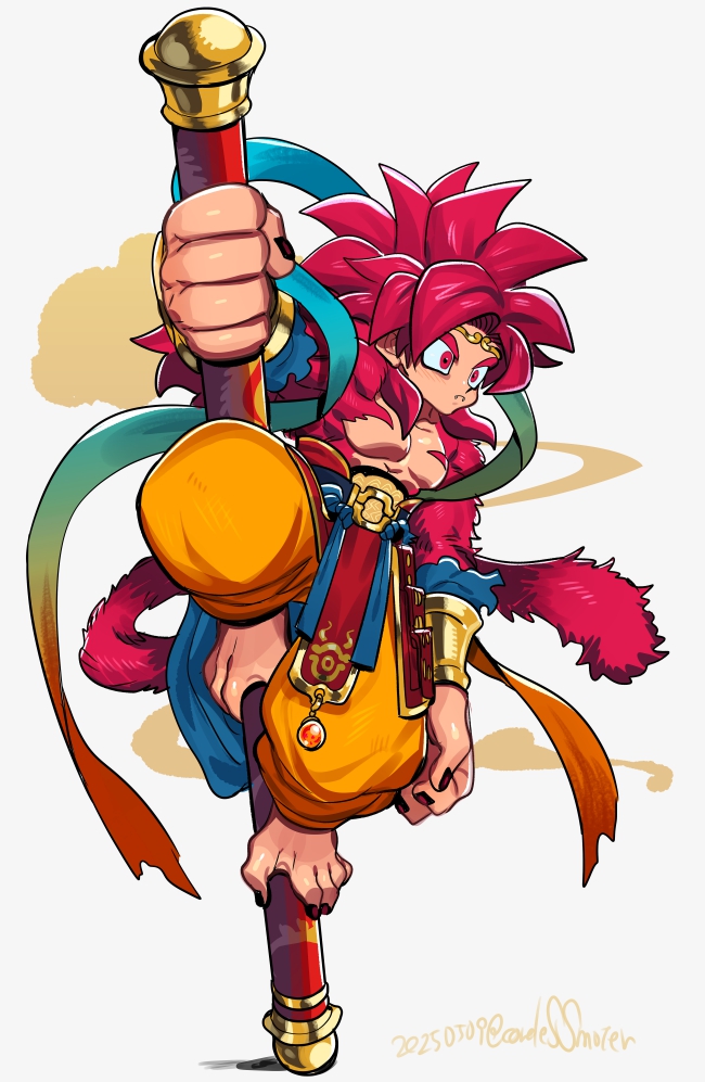 1boy alternate_costume body_fur dated dragon_ball dragon_ball_daima goku_day male_focus monkey_tail nanika_(nnkgh) orange_pants pants red_eyes red_fur red_hair red_tail ruyi_jingu_bang simple_background solo son_goku tail white_background