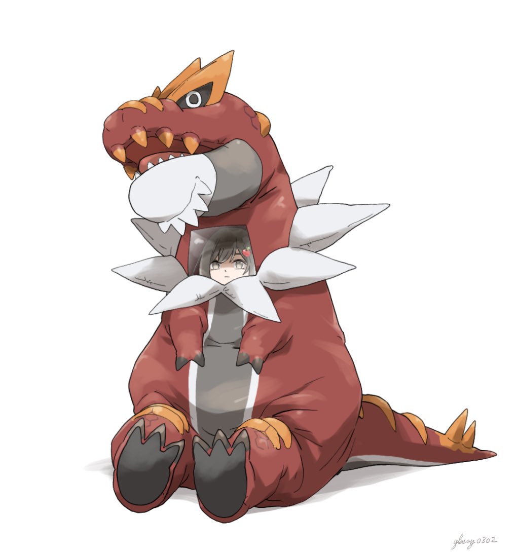 1girl black_hair claws closed_mouth cosplay costume gen_6_pokemon glassy0302 hair_ornament heart heart_hair_ornament kuraishi_rinngo nintendo original pokemon sharp_teeth simple_background tail teeth tyrantrum tyrantrum_(cosplay) white_background