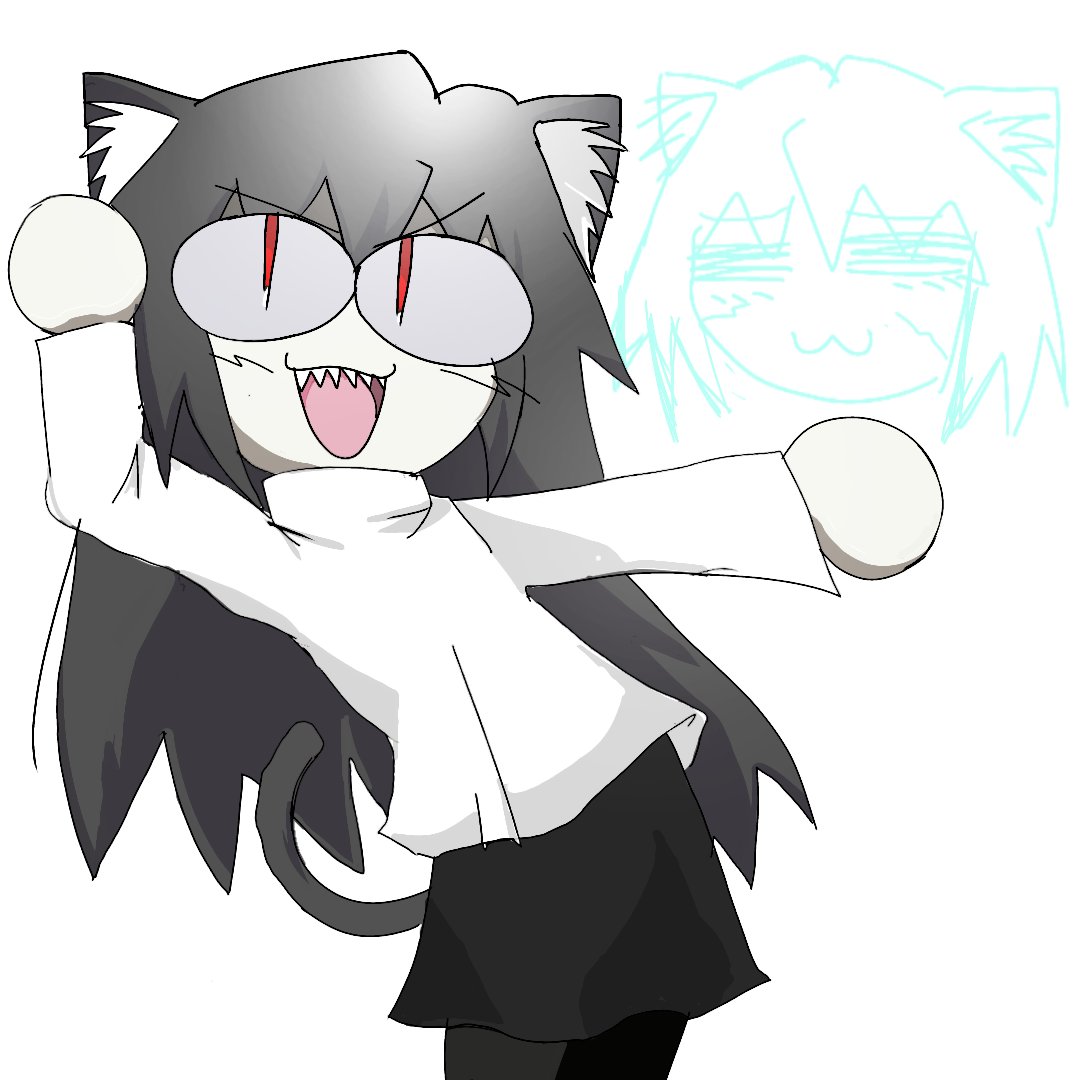 :3 :d animal_ears black_hair black_pantyhose black_skirt blush cat cat_ears cat_tail closed_eyes long_hair melty_blood michael_roa_valdamjong neco-arc_chaos neco_spirit nrvnqsr_narc open_mouth pantyhose red_eyes sharp_teeth sketch skirt smile sweater tail teeth tsukihime turtleneck turtleneck_sweater white_background white_sweater