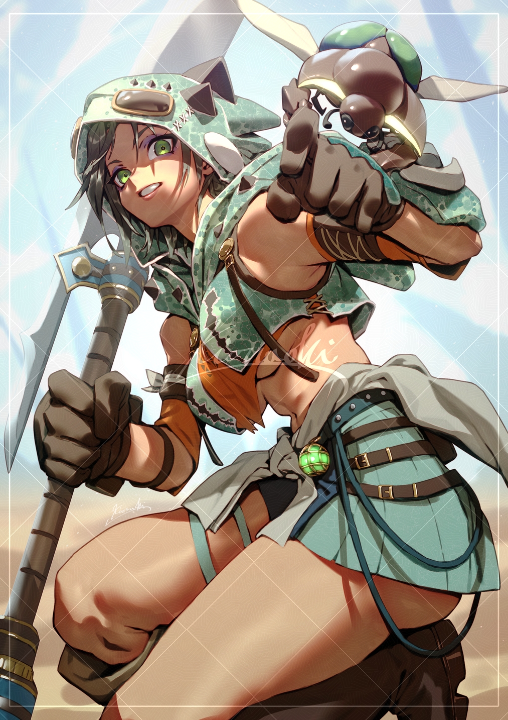 1girl artist_name belt black_gloves blurry blurry_background breasts brown_footwear bug character_request chatacabra_(armor) commentary_request crop_top dark_skin day gloves green_eyes green_skirt highres holding holding_weapon hood hood_up hooded_shirt insect_glaive kionaoki large_breasts looking_at_viewer miniskirt monster_hunter_(series) monster_hunter_wilds multiple_belts navel on_one_knee orange_shirt outdoors parted_lips shirt skirt sky sleeveless sleeveless_shirt squatting stomach tan thigh_strap thighs underboob weapon wings