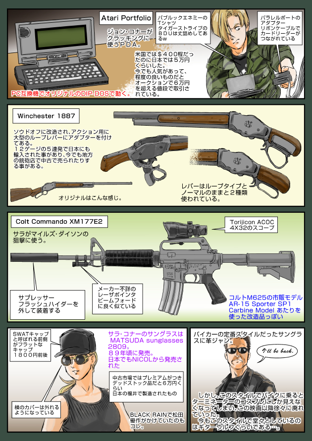 1girl 2boys assault_rifle blonde_hair boots brown_hair carbine colt&#039;s_manufacturing_company colt_commando colt_commando_xm177 english_text gloves gun handgun hat jacket japanese_text john_connor lever-action_shotgun long_hair looking_at_viewer m16 multiple_boys muta_koji pistol ponytail rifle sarah_connor sawed-off_shotgun short-barreled_rifle short_hair shotgun story_time_(muta_koji) sunglasses suppressor suppressor_focus suppressor_name suppressor_profile t-800 terminator_(series) terminator_2:_judgment_day translation_request weapon weapon_focus weapon_name weapon_profile winchester_model_1887 winchester_repeating_arms_company