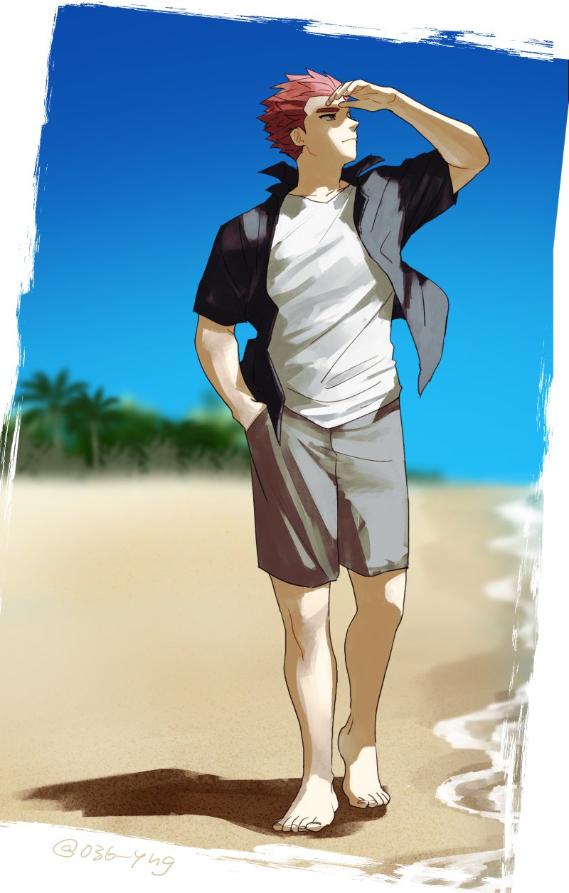 1boy alternate_costume arm_up barefoot black_shirt blurry blurry_background commentary day full_body hand_in_pocket highres knees lance_(pokemon) male_focus nintendo outdoors pokemon pokemon_hgss red_hair sand shirt shore short_hair shorts sky solo spiked_hair standing symbol-only_commentary toes tree twitter_username undershirt y_(036_yng)
