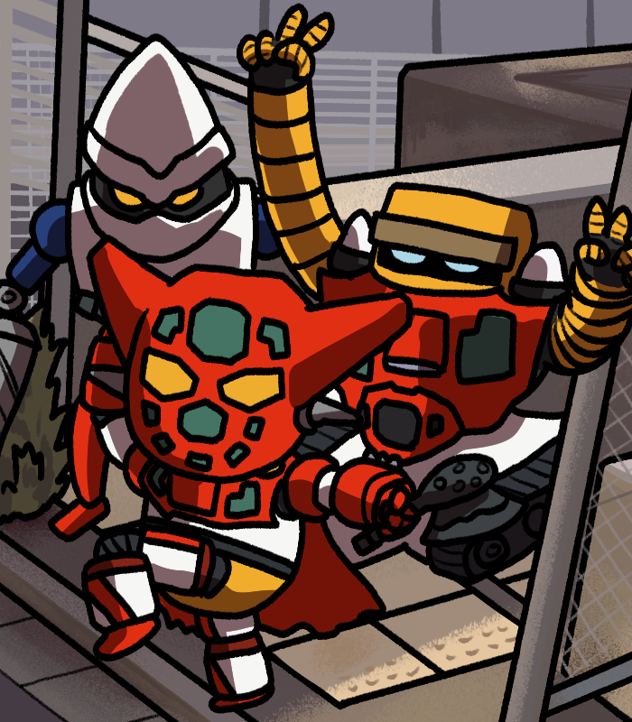 cape caterpillar_tracks chain-link_fence commentary double_v fence getter-1 getter-2 getter-3 getter_robo high_school_girls_posing_for_google_street_view_(meme) jazz_jack meme no_humans photo-referenced red_cape standing standing_on_one_leg v