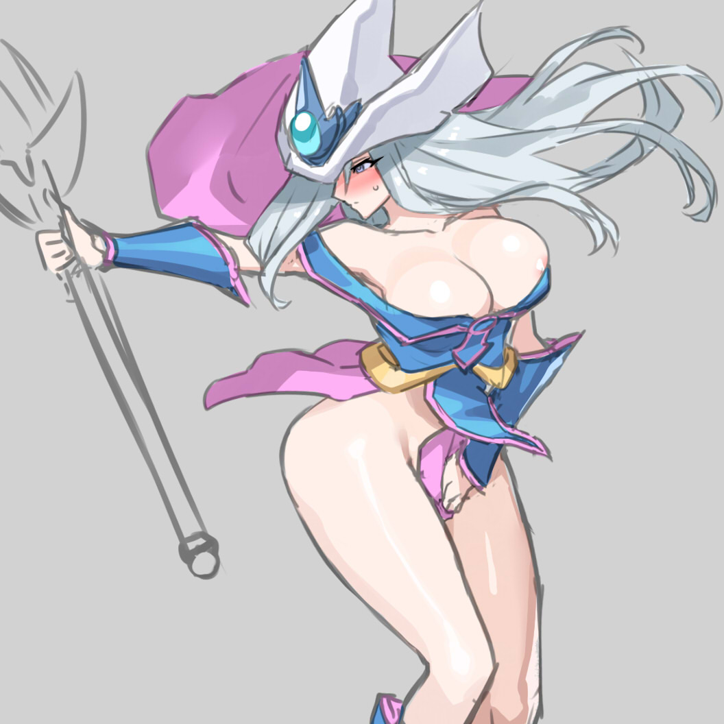 1girl areola_slip blush breasts cleavage cosplay dark_magician_girl dark_magician_girl_(cosplay) duel_monster grey_background grey_hair hat holding holding_staff long_hair no_panties showgirl_skirt silent_magician simple_background sketch staff sweatdrop ukimukai white_hat wizard_hat yu-gi-oh!