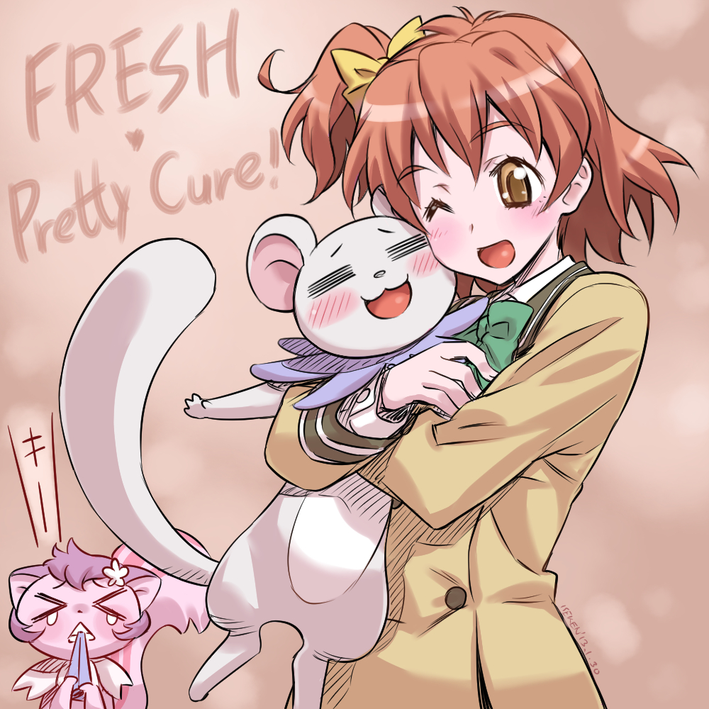 &gt;_&lt; 00s 10s 1girl :3 azukina_(fresh_precure!) biting blazer blush_stickers bow brown_hair clenched_teeth closed_eyes cloth_pull copyright_name creature crying dated flower fresh_precure! green_neckwear hair_bow hair_flower hair_ornament hug isedaichi_ken jacket jealous mouth_hold one_eye_closed one_side_up precure school_uniform short_hair side_ponytail smile tart_(fresh_precure!) tears teeth upper_body yamabuki_inori yellow_bow