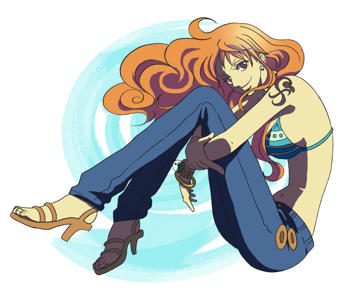 1girl bangle bare_shoulders bikini bikini_top_only blue_pants bracelet breasts closed_mouth commentary_request denim earrings fetal_position floating_hair full_body green_bikini high_heel_sandals hugging_own_legs invisible_chair jeans jewelry knees_up kyakya large_breasts log_pose long_hair looking_at_viewer nami_(one_piece) nami_(one_piece)_(return_to_sabaody) navel one_piece orange_hair pants pearl_earrings sandals shoulder_tattoo single_sidelock sitting smile solo stomach striped_bikini striped_clothes swimsuit tattoo wavy_hair
