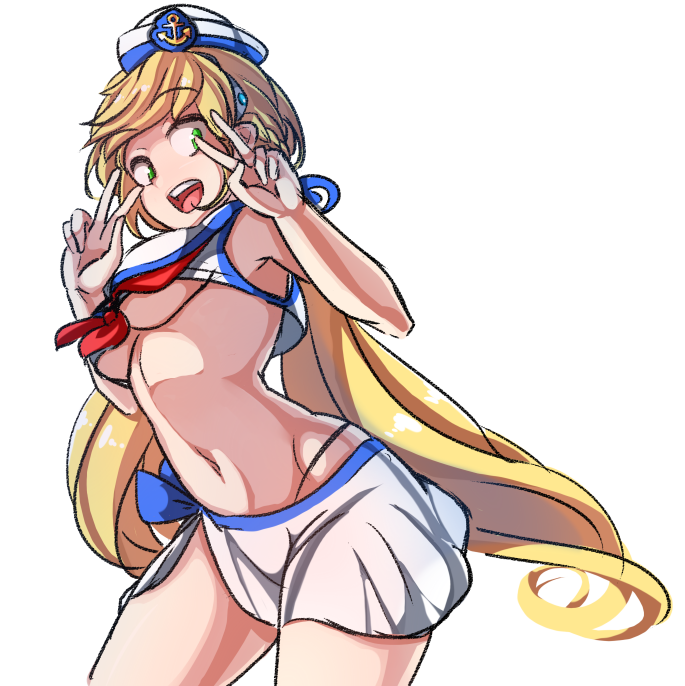 1girl aduare bad_id bad_pixiv_id blonde_hair breasts charcoal_(medium) crusaders_quest female_focus green_eyes hat long_hair looking_away navel open_mouth red_ribbon ribbon sailor sailor_collar sailor_hat skirt smile solo teresa_(crusaders_quest) thong underboob v white_background