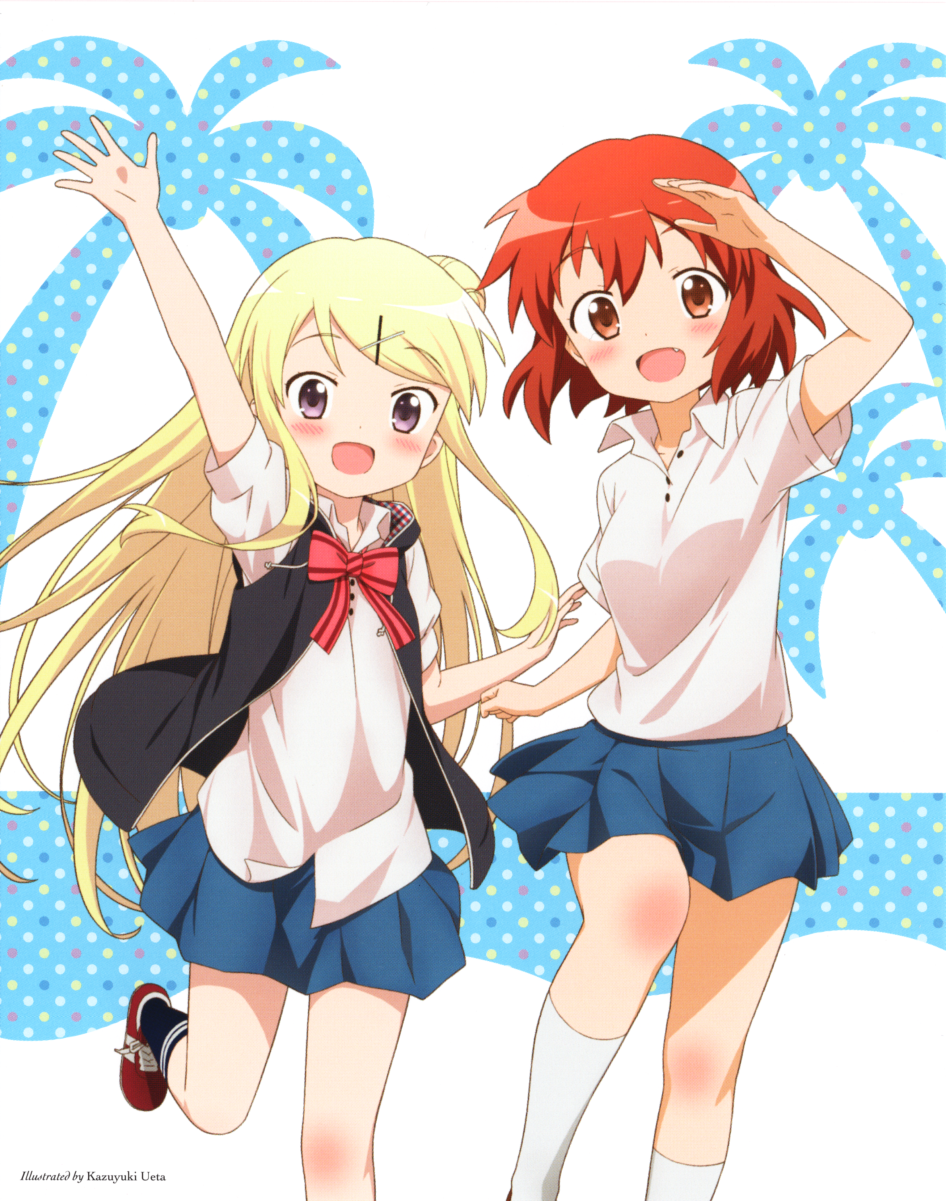 2girls :d absurdres arm_up artist_name black_vest blonde_hair blue_skirt blue_socks blush bow bowtie brown_eyes brown_hair collared_shirt fang hair_bun hair_ornament hairclip highres inokuma_youko kin-iro_mosaic kujou_karen looking_at_viewer miniskirt moegi_high_school_uniform multiple_girls non-web_source official_art open_mouth pink_bow pink_bowtie pleated_skirt purple_eyes red_shoes scan school_uniform shirt shoes short_hair short_sleeves single_hair_bun skirt smile socks standing standing_on_one_leg striped_bow striped_bowtie striped_clothes summer_uniform ueta_kazuyuki vest white_shirt white_socks x_hair_ornament