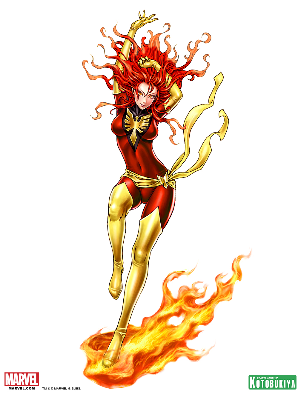 10s 1girl arms_up belt bird blush bodysuit boots costume dark_persona dark_phoenix elbow_gloves female_focus fire flying full_body gloves highres jean_grey latex lipstick long_hair makeup marvel orange_eyes phoenix phoenix_(x-men) red_hair shiny_clothes simple_background skin_tight smile solo thigh_boots thighhighs watermark wavy_hair x-men yamashita_shun&#039;ya yellow_thighhighs