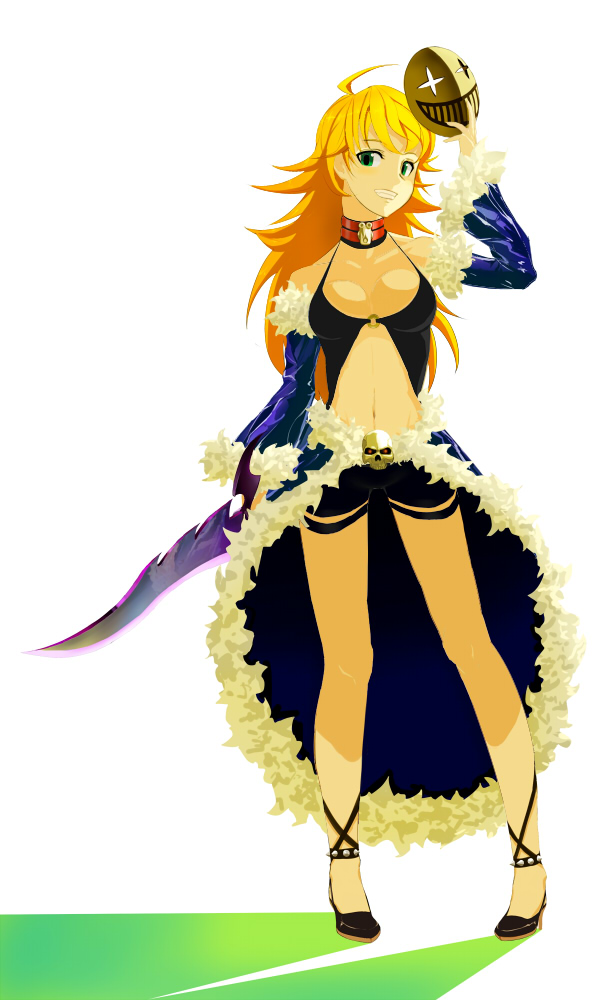 1girl ahoge blonde_hair breasts choker cleavage collar cosplay detached_sleeves female_focus fur-trimmed_sleeves fur-trimmed_waist_cape fur_trim green_eyes grin high_heels hoshii_miki idolmaster idolmaster_(classic) idolmaster_1 large_breasts long_hair mask midriff namidate navel ragnarok_online shoes short_shorts shorts skull smile solo stalker stalker_(cosplay) stalker_(ragnarok_online) sword thigh_strap waist_cape weapon