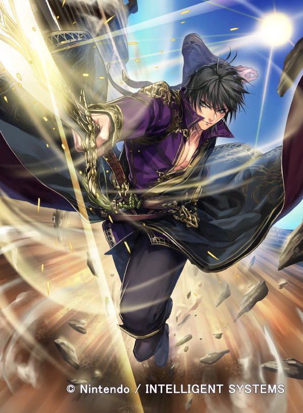1boy black_eyes black_hair company_name day fire_emblem fire_emblem:_thracia_776 fire_emblem_cipher kuroba.k male_focus nintendo official_art rock shiva_(fire_emblem) sky solo sun sword upper_body weapon