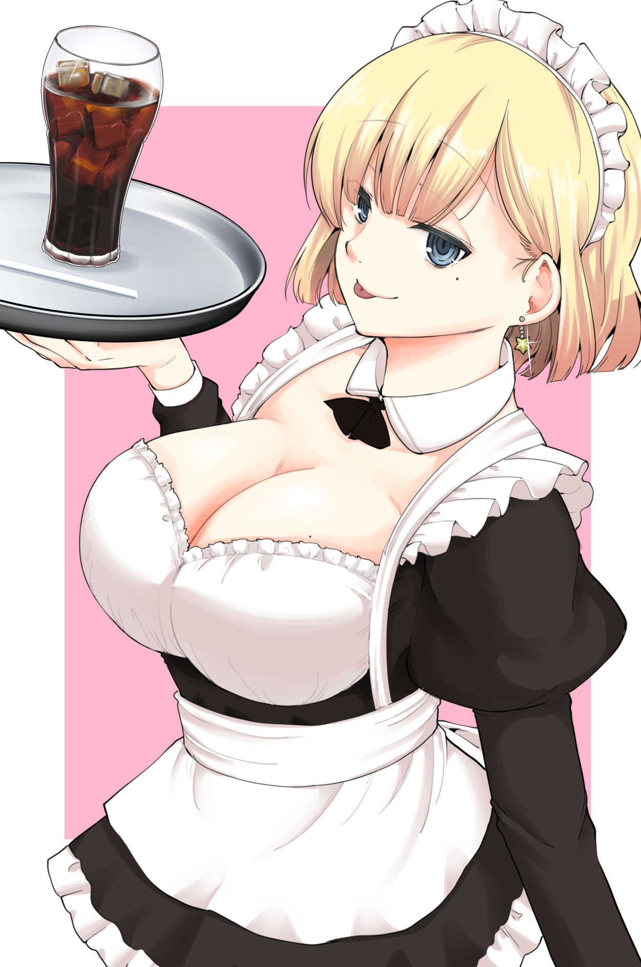1girl :p alternate_costume apron black_dress blonde_hair blue_eyes border breasts cleavage cup detached_sleeves dress drink enmaided frilled_dress frills hashtag-only_commentary highres holding holding_tray juliet_sleeves large_breasts long_sleeves maid maid_apron maid_headdress meika-san_wa_oshikorosenai mole mole_on_breast mole_under_eye outside_border pink_background puffy_sleeves ringed_eyes saitou_shouki short_hair solo tongue tongue_out tray upper_body waist_apron white_border