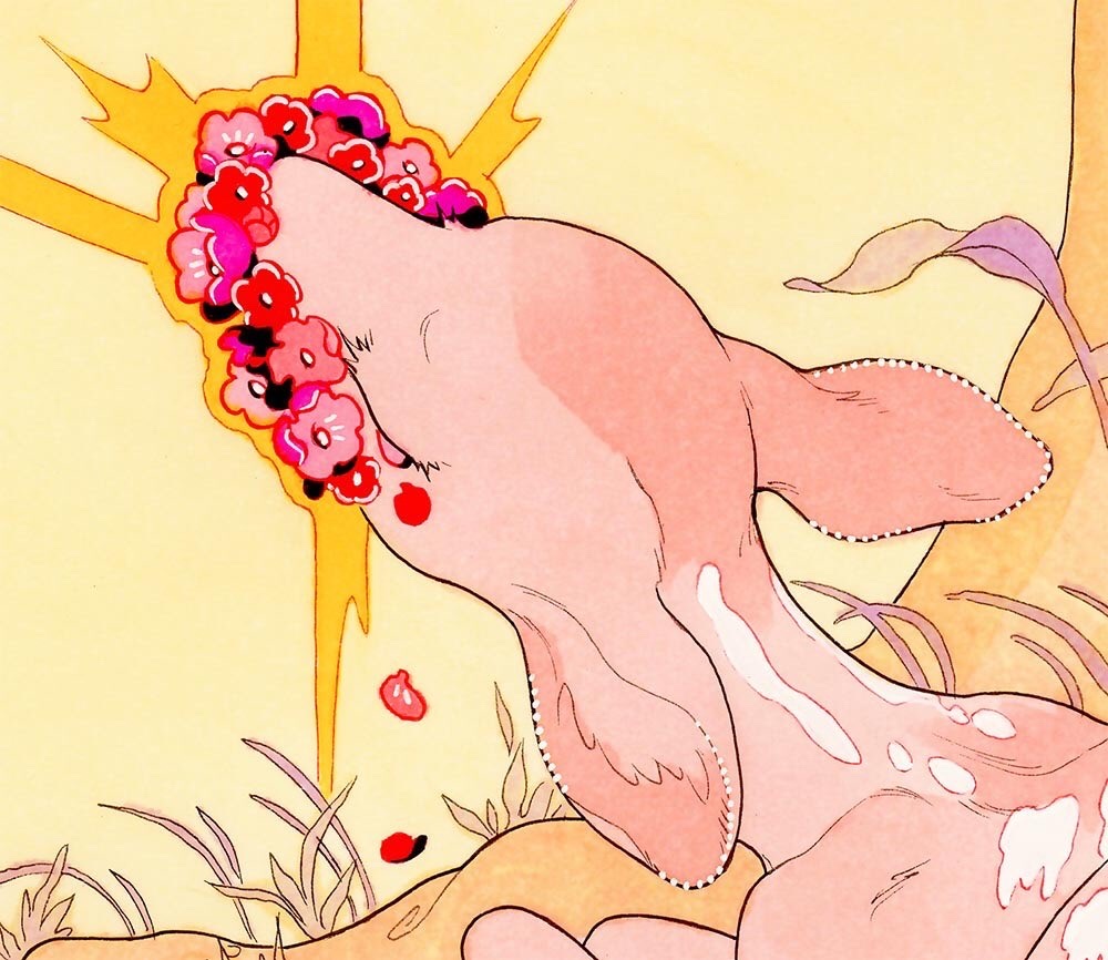 animal_focus baby_animal closed_eyes commentary cropped deer dripping english_commentary falling_petals fawn fleebites flower flower_in_mouth grass leaf limited_palette no_humans original pastel_colors petals pink_flower pink_fur red_petals sky surreal teeth traditional_media tree under_tree white_flower yellow_background yellow_clouds yellow_sky yellow_theme