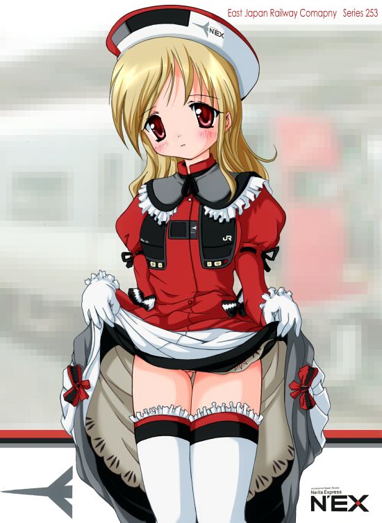 1girl 2000s_(style) archived_source ashita_yaru black_bow black_ribbon blonde_hair blush bow bow_skirt cleft_of_venus closed_mouth clothes_lift commentary_request east_japan_railway_company gloves gluteal_fold hat japan_railways juliet_sleeves lifting_own_clothes long_hair long_sleeves looking_at_viewer n&#039;ex neck_ribbon original personification petticoat puffy_sleeves pussy pussy_peek red_bow red_eyes red_shirt ribbon shirt skirt skirt_lift sleeve_ribbon standing thighhighs train two-tone_bow typo white_bow white_gloves white_headwear white_skirt white_thighhighs zettai_ryouiki