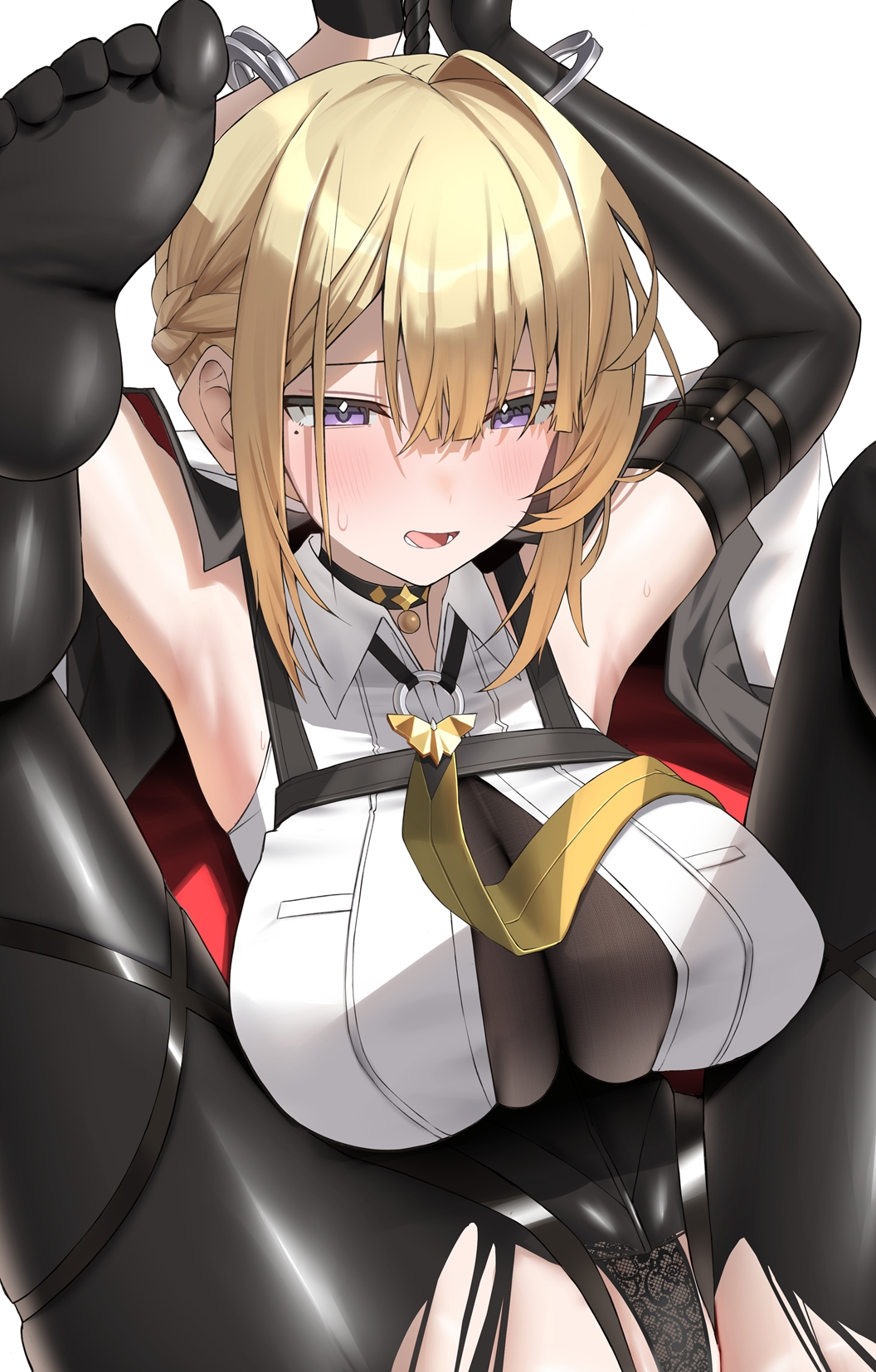 1girl armpits arms_up black_gloves black_panties black_pants blonde_hair breasts commentary cuffs elbow_gloves evelyn_chevalier gloves hair_between_eyes handcuffs highres large_breasts mole mole_under_eye necktie nidaime_(doronbo) panties pants purple_eyes restrained shirt short_hair simple_background single_elbow_glove sleeveless sleeveless_shirt soles solo symbol-only_commentary toes torn_clothes torn_pants underwear white_background yellow_necktie zenless_zone_zero