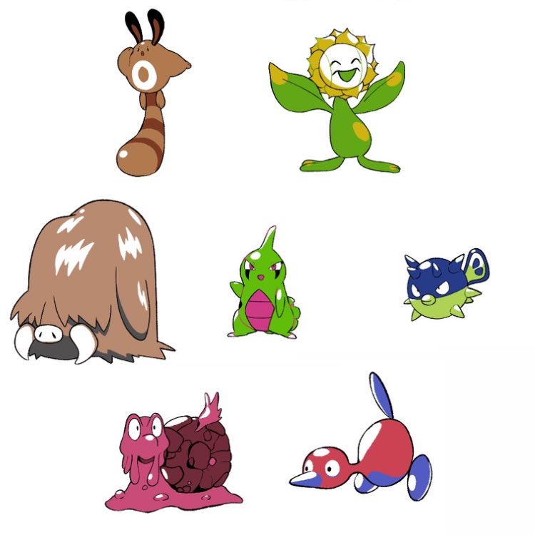 :d ^_^ black_eyes closed_eyes gen_2_pokemon gen_4_pokemon larvitar magcargo nintendo no_humans open_mouth piloswine pokemon pokemon_(creature) porygon-z qwilfish sentret simple_background smile spikes sunflora tusks tyako_089 white_background