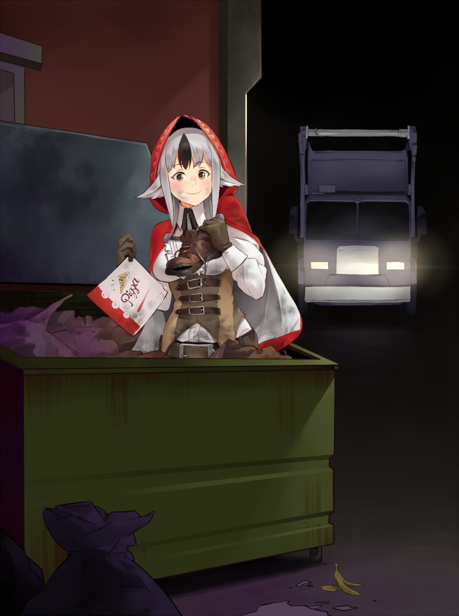 1girl black_hair breasts brown_eyes fire_emblem fire_emblem_fates food garbage_truck gloves grey_hair highres igni_tion medium_breasts multicolored_hair night nintendo pizza_box shoes smile trash trash_bag truck two-tone_hair velouria_(fire_emblem)