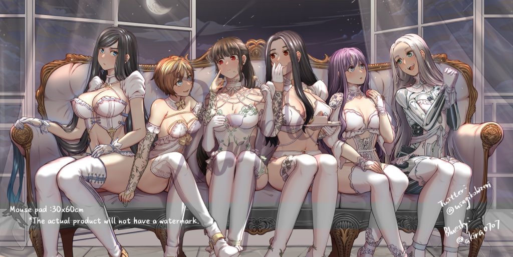6+girls akira_(live2bakira) android artist_name black_hair blue_eyes breasts brown_eyes couch cup english_text enya_(stellar_blade) eve_(stellar_blade) flower gloves grey_hair holding holding_cup kaya_(stellar_blade) lily_(stellar_blade) lingerie long_hair made_in_2024 midriff moon mousepad_(medium) multiple_girls navel night night_sky on_couch own_hands_together ponytail purple_hair raven_(stellar_blade) revision sample_watermark sitting sky smile stellar_blade tachy_(stellar_blade) thighhighs twitter_username underwear vase watermark white_gloves white_thighhighs