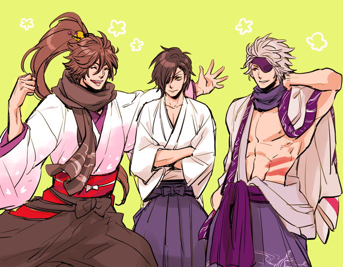 3boys :d ^_^ blue_eyes brown_hair brown_hakama brown_scarf chousokabe_motochika_(sengoku_basara) closed_eyes cowboy_shot date_masamune_(sengoku_basara) eyepatch gradient_clothes gradient_kimono green_background grey_hair grin hakama hakama_pants japanese_clothes kimono long_hair looking_at_another maeda_keiji_(sengoku_basara) male_focus multiple_boys official_alternate_costume open_clothes open_kimono open_mouth pants pectoral_cleavage pectorals ponytail purple_hakama scarf sengoku_basara short_hair simple_background smile v-shaped_eyebrows white_kimono yellow_eyes yona_(waiko)