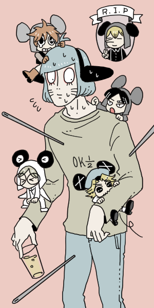 6+boys akaiti animal_ears animal_hat biting blue_hair cup facial_mark fake_animal_ears flying_sweatdrops hat holding holding_cup kinder_surprised_michael_jr. male_focus mini_person miniboy mouse_boy mouse_hat mouse_tail multiple_boys needle nyon_(randal&#039;s_friends) on_head person_on_head person_on_shoulder pink_background present_day_problem_takeuchi_robert grabbing_own_hair randal&#039;s_friends ratman_3_(randal&#039;s_friends) ratman_4_(randal&#039;s_friends) ratman_5_(randal&#039;s_friends) rest_in_peace_(phrase) sewing_needle short_hair simple_background stab standing sweat tail whisker_markings