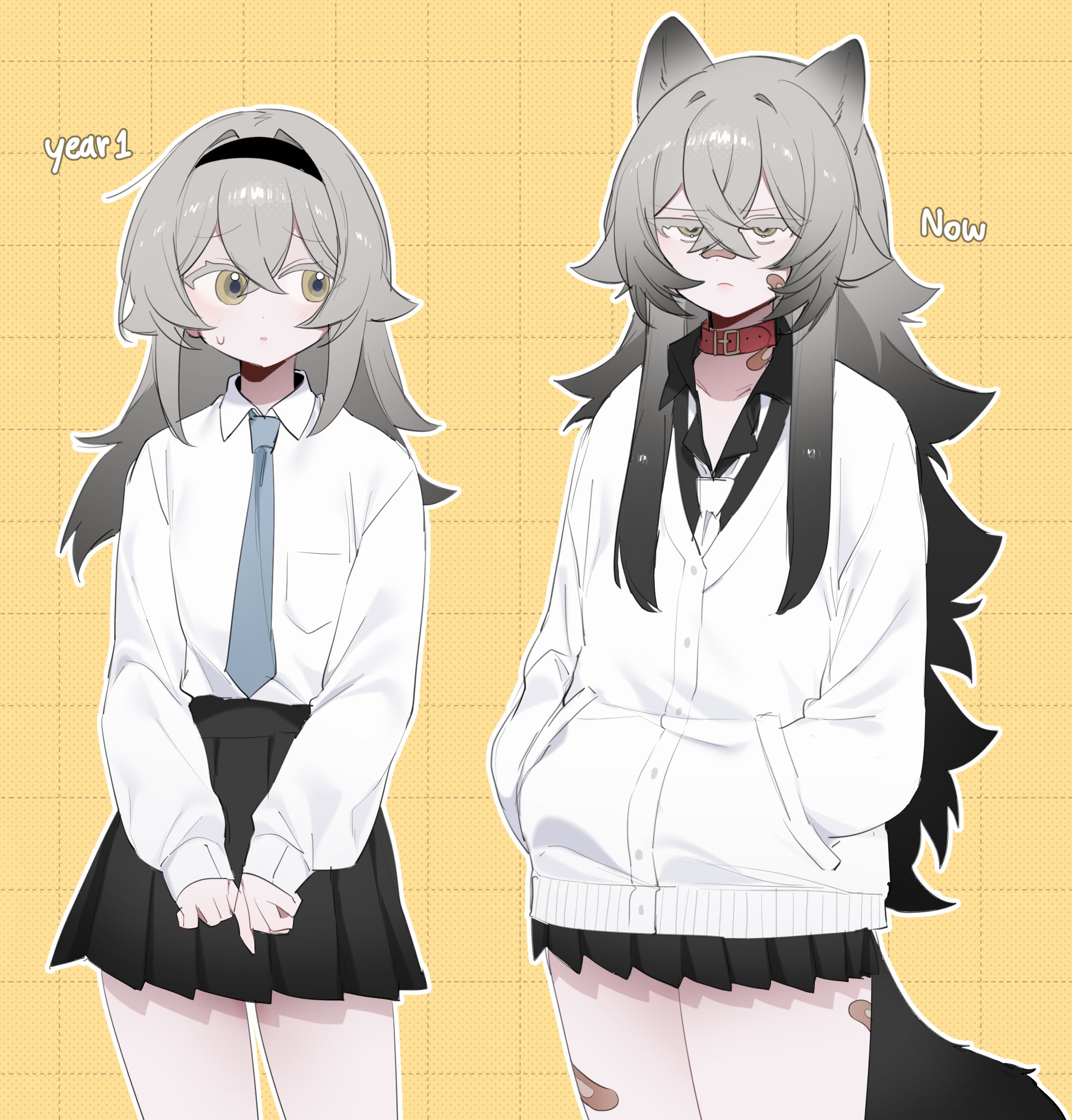 1girl animal_ears before_and_after black_hairband black_shirt black_skirt blue_necktie collar collared_shirt degrees_of_lewdity grey_hair grid_background hairband hands_in_pockets highres jacket kai_(drakkai10) long_hair necktie original pleated_skirt red_collar shirt shoya_(kai_(drakkai10)) skirt white_jacket white_necktie white_shirt yellow_background yellow_eyes