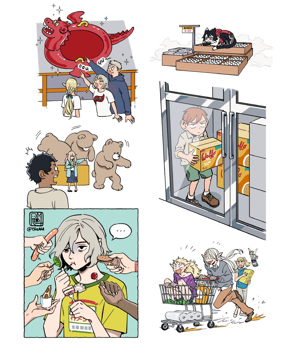 ... 5boys 6+girls alternate_universe animal_ears bags_under_eyes black_eyes black_hair blonde_hair blue_background blush blush_stickers body_blush bow box candy cardboard_box cat_ears cat_girl cat_tail chilchuck_tims closed_eyes clothes_writing collarbone collared_shirt contemporary cookie costco crocs cup dark-skinned_male dark_skin doll door door_handle dumpling dungeon_meshi eating egg elf english_text excited fairy fairy_(dungeon_meshi) fairy_wings falin_touden feeding fleki floating_hair flying food fork freezer from_behind full_body grey_hair hair_bow halfling holding holding_box holding_doll holding_food hood hood_down hoodie hot_dog in_shopping_cart indoors inflatable_raft inset izutsumi japanese_text jitome jug_(bottle) kabru knees_to_chest laios_touden lazy_eye logo logo_parody lollipop long_hair long_sleeves looking_at_another looking_at_viewer lycion lying marcille_donato milsiril_(dungeon_meshi) mithrun mother_and_son motion_lines multiple_boys multiple_girls multiple_views notched_ear official_alternate_costume on_box open_mouth outstretched_arm pants pattadol pepperoni pickle pizza pizza_slice pointing pointy_ears ponytail refrigerator rem_(tsulala) running shadow shelf shirt shoelaces shoes shopping shopping_cart short_hair short_sleeves sidelocks sign simple_background sitting sitting_on_box sleeveless sleeveless_shirt socks sparkle speech_bubble spoken_ellipsis standing straight-on stuffed_animal stuffed_toy sweatdrop sweater t-shirt tail teddy_bear teeth toilet_paper tongue tongue_out toothpick trapped turn_pale twitter_username uneven_eyes upper_teeth_only waffle warehouse watermark wavy_hair white_background window wings