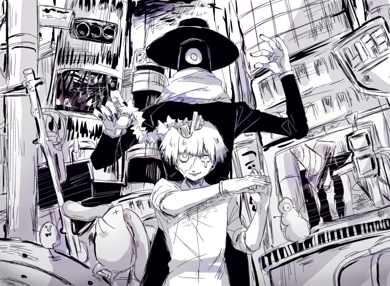 2boys ban-chan bow bowtie building fingernails fuji_den_fujiko greyscale hat hitotsume-sama long_sleeves looking_at_viewer male_focus monochrome multiple_boys nonsense_bunkaku_(vocaloid) scarf sharp_fingernails skyscraper traffic_cone traffic_light vocaloid