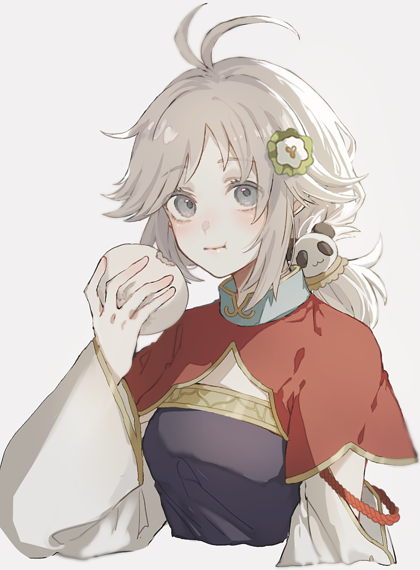 1girl closed_mouth commentary_request eating food grey_background grey_eyes grey_hair hair_ornament hand_up holding holding_food long_hair long_sleeves looking_at_viewer panda_hair_ornament ponytail rune_factory rune_factory_4 rurui_(jac7860) simple_background solo steamed_bun upper_body wide_sleeves xiao_pai