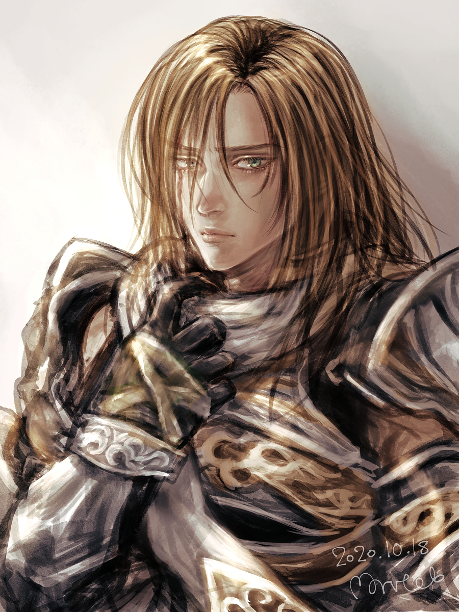 1boy :| armor artist_name black_gloves blonde_hair closed_mouth dated gloves green_eyes highres long_hair looking_at_viewer male_focus morito_leaf9 scar scar_across_eye scar_on_face siegfried_schtauffen solo soul_calibur upper_body white_background
