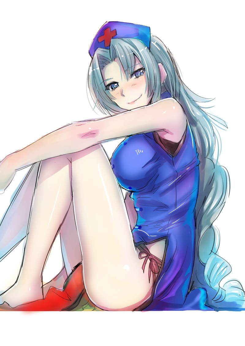 1girl adapted_costume bare_legs bare_shoulders blue_eyes blue_hair blush braid breasts female_focus hat large_breasts long_hair matching_hair/eyes nurse_cap panties side-tie_panties side_slit silver_hair simple_background sitting sketch sleeveless smile solo tamon_ketsuyuki touhou underwear very_long_hair white_background yagokoro_eirin