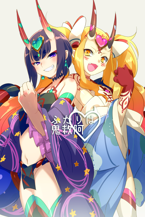 2girls adapted_costume bare_shoulders bikini black_fundoshi black_thighhighs blonde_hair blue_kimono blush bow breasts chinese_clothes collarbone cosplay detached_sleeves dudou earrings echo_(circa) eyeliner facial_mark fate/grand_order fate_(series) flexing forehead forehead_jewel forehead_mark fundoshi gradient_hair grin hair_bow hair_pulled_back horns ibaraki_douji_(fate) ibaraki_douji_(fate/grand_order) ibaraki_douji_(swimsuit_lancer)_(fate) ibaraki_douji_(swimsuit_lancer)_(first_ascension)_(fate) ibaraki_douji_(swimsuit_lancer)_(third_ascension)_(fate) japanese_clothes jewelry kimono long_hair long_sleeves looking_at_viewer low_twintails makeup multicolored_hair multiple_girls navel oni open_mouth pink_hair pointy_ears purple_eyes purple_hair rope_belt sash short_hair short_twintails shuten_douji_(fate) shuten_douji_(fate/grand_order) shuten_douji_(halloween_caster)_(fate) shuten_douji_(halloween_caster)_(fate)_(cosplay) sidelocks simple_background skin-covered_horns small_breasts smile swimsuit tattoo thighhighs thighs translation_request twintails very_long_hair white_bikini white_thighhighs wide_sleeves yellow_eyes