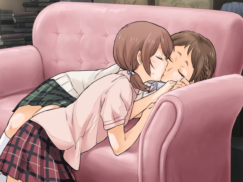 2girls aihara_miki couch closed_eyes game_cg holding_hands kiss liar-soft maki_seina multiple_girls okujou_no_yurirei-san school_uniform yuri