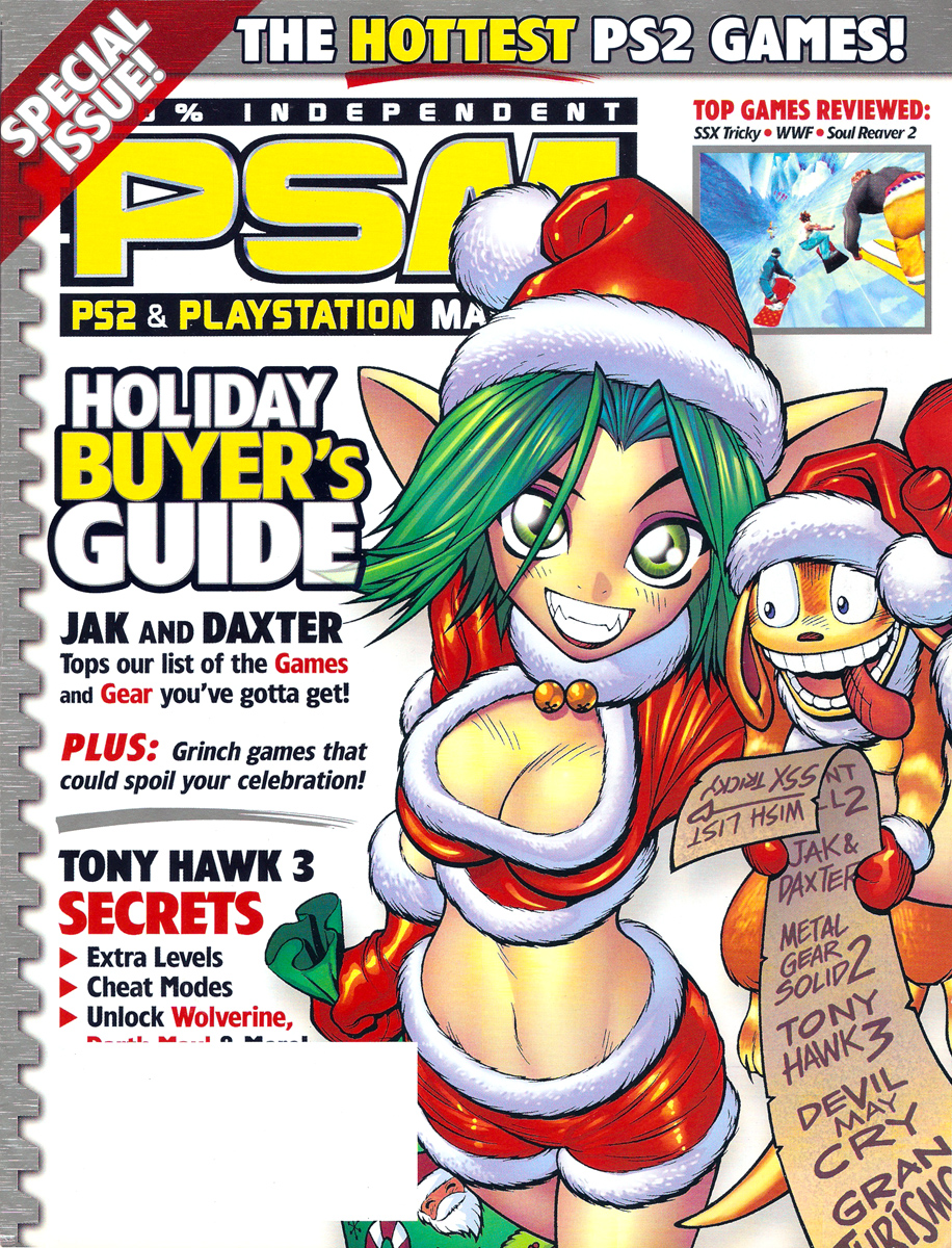 belly breasts christmas cleavage cover crop_top daxter green_eyes green_hair hat highres jak_and_daxter keira_hagai list magazine_(object) magazine_cover midriff naughty_dog navel pointy_ears psm sack santa_costume santa_hat short_shorts shorts smile teeth tongue tongue_out