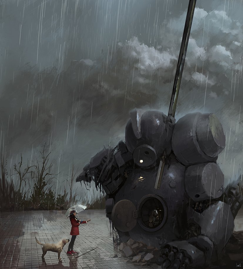 bare_tree broken cloud cloudy_sky dog grey_sky looking_at_object mecha original painting_(medium) planted planted_polearm polearm rain robot scenery science_fiction sky slow_d spear tile_floor tiles traditional_media transparent transparent_umbrella tree umbrella weapon