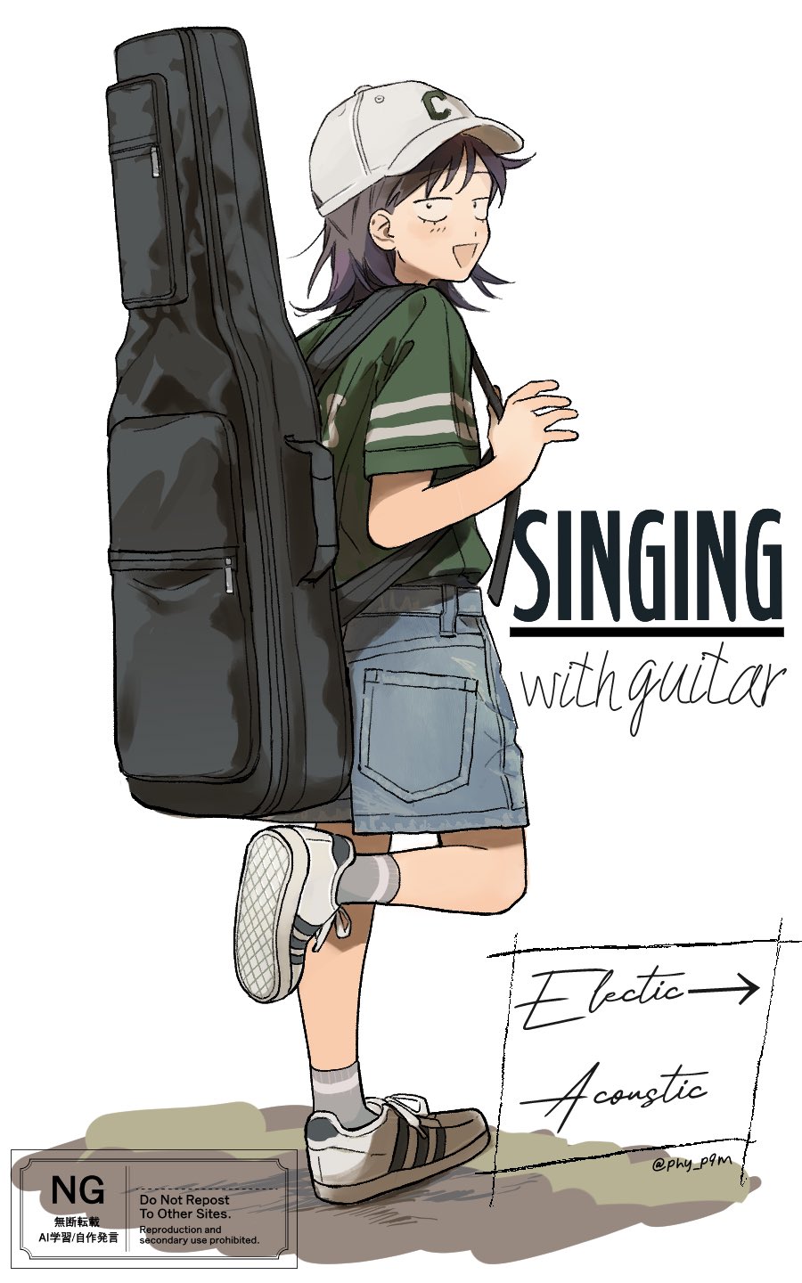 1girl :d baseball_cap black_eyes black_hair blue_shorts commentary denim denim_shorts english_text foot_up futsuu_no_keion-bu green_shirt grey_socks guitar_case hat hatono_chihiro highres holding_strap instrument_case instrument_case_on_back open_mouth phy_p9m shirt shirt_tucked_in shoes short_hair short_sleeves shorts smile sneakers socks solo standing standing_on_one_leg symbol-only_commentary t-shirt twitter_username typo watermark white_hat white_shoes