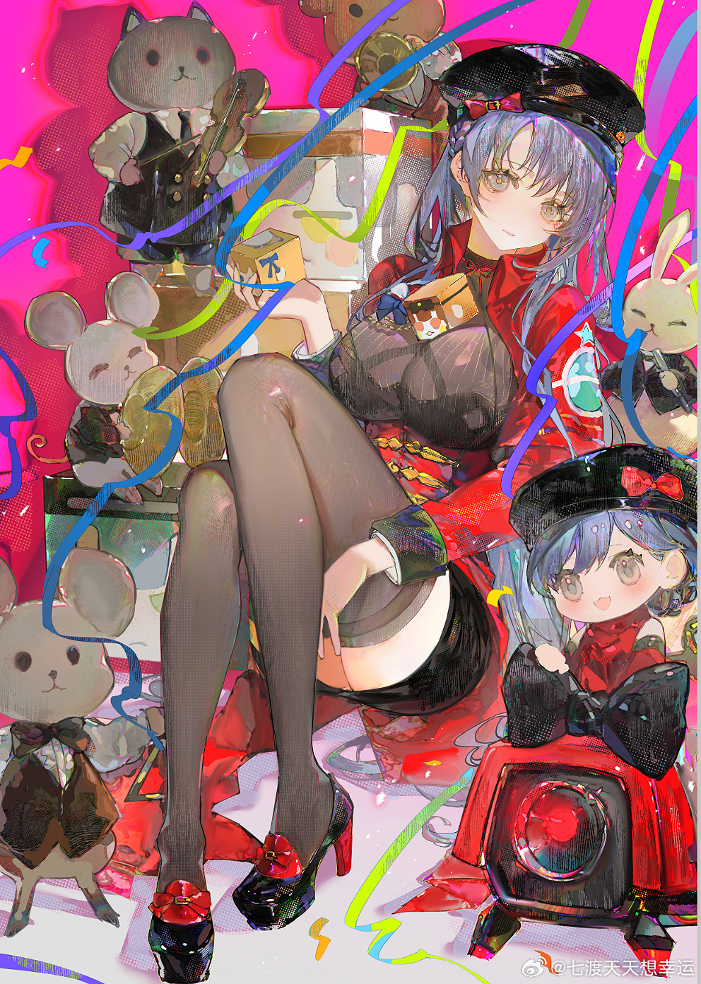 1girl black_hair black_hat black_skirt bow breasts brown_eyes brown_thighhighs dinergate_(girls&#039;_frontline) girls&#039;_frontline girls&#039;_frontline_2:_exilium girls&#039;_frontline_neural_cloud hat high_heels highres lewis_(girls&#039;_frontline) lewis_(neural_cloud) puppet qi_du_tiantian_xiang_xingyun sitting skirt thighhighs
