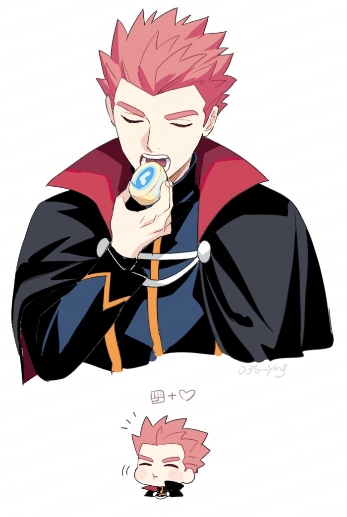 1boy :t black_cape cape closed_eyes commentary_request eating food heart holding jacket lance_(pokemon) long_sleeves male_focus multiple_views nintendo notice_lines open_mouth pokemon pokemon_hgss red_hair short_hair spiked_hair teeth y_(036_yng)