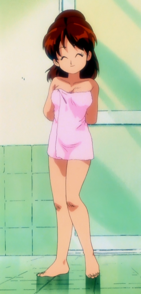 1990s_(style) 1991 1girl arms_behind_back bare_legs barefoot bath breasts brown_hair closed_eyes feet genji_tsuushin_agedama heike_ibuki indoors knees legs naked_towel ponytail retro_artstyle screencap seductive_smile small_breasts smile toenails toes towel