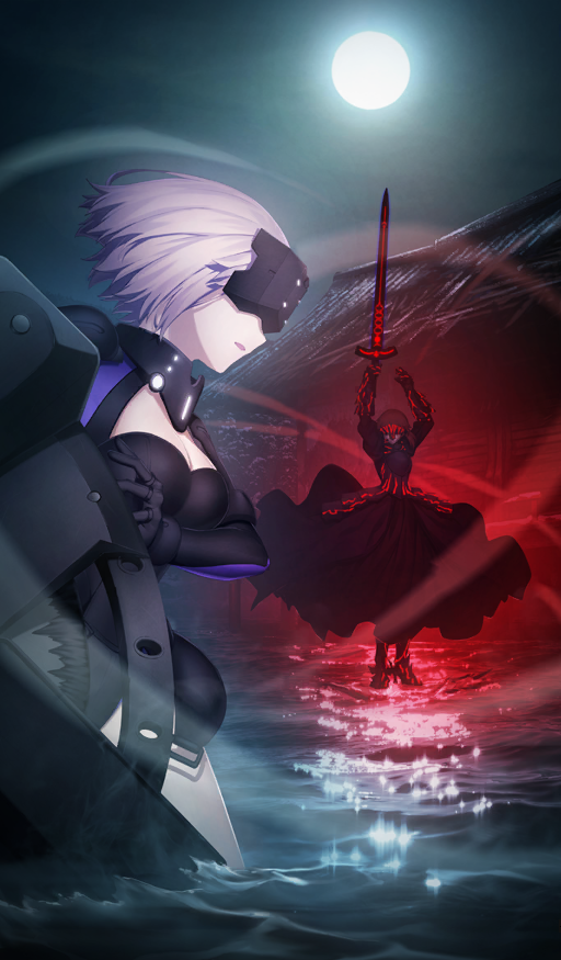 2girls armor armored_dress armored_leotard arms_up artoria_pendragon_(fate) black_armor black_boots black_collar black_dress black_gloves black_leotard blindfold blonde_hair boots breastplate breasts building cleavage cleavage_cutout clothing_cutout collar commentary corruption covered_eyes danemaru dress duel excalibur_morgan_(fate) fate/grand_order fate_(series) faulds floating_clothes full_moon gauntlets gloves glowing glowing_sword glowing_weapon gorget head-mounted_display high_heels holding holding_shield holding_sword holding_weapon hut leotard long_dress mash_kyrielight mash_kyrielight_(ortenaus) medium_breasts mold_camelot moon moonlight multicolored_leotard multiple_girls night official_art outdoors parted_lips pink_hair purple_leotard saber_alter saber_alter_(first_ascension) shield short_hair shoulder_armor sidelocks sky sparkle sword third-party_source two-tone_leotard wading water waves weapon