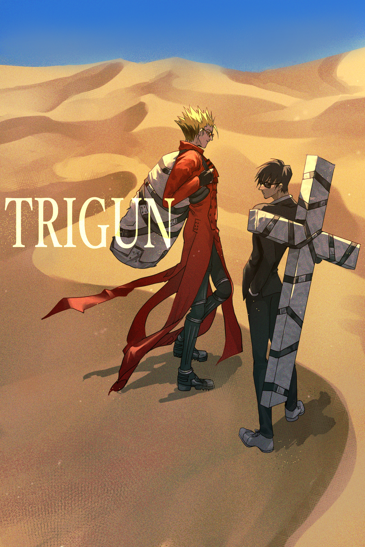 2boys bag black_suit blonde_hair coat cross cross_punisher desert drrra formal_clothes high_collar highres large_cross long_coat multiple_boys nicholas_d._wolfwood orange-tinted_eyewear red_coat round_eyewear spiked_hair suit sunglasses tinted_eyewear trigun trigun_maximum vash_the_stampede