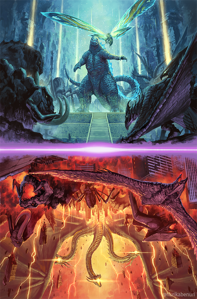 alien animal_ears behemoth_(monsterverse) bioluminescence bowing bug cave city claws commentary_request dragon dragon_horns dragon_wings electricity energy epic fangs fire giant giant_monster glowing glowing_eyes glowing_mouth glowing_spikes godzilla godzilla:_king_of_the_monsters godzilla_(series) horns hydra kaiju king_ghidorah legendary_pictures lightning methuselah_(monsterverse) monster monsterverse mothra multiple_heads multiple_tails muto_(godzilla) muto_female no_humans nurikabe_(mictlan-tecuhtli) open_mouth queen_muto rodan scales scylla_(monsterverse) sharp_teeth sky smile spider standing tail teeth temple toho underwater_cave upside-down wings