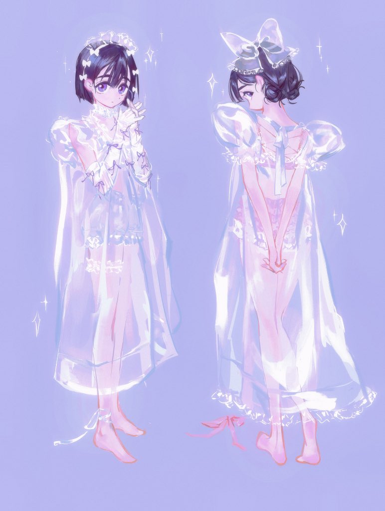 1girl alien_stage alternate_costume ankle_ribbon barefoot black_hair bow commentary dress full_body glove_bow gloves hair_bow interlocked_fingers leg_ribbon long_dress looking_at_viewer multiple_hair_bows multiple_views own_hands_together pink_bow pkiiiiii puffy_short_sleeves puffy_sleeves purple_background purple_bow purple_eyes ribbon see-through_bow see-through_clothes see-through_dress short_hair short_sleeves simple_background sua_(alien_stage) symbol-only_commentary unworn_bow white_bow white_gloves