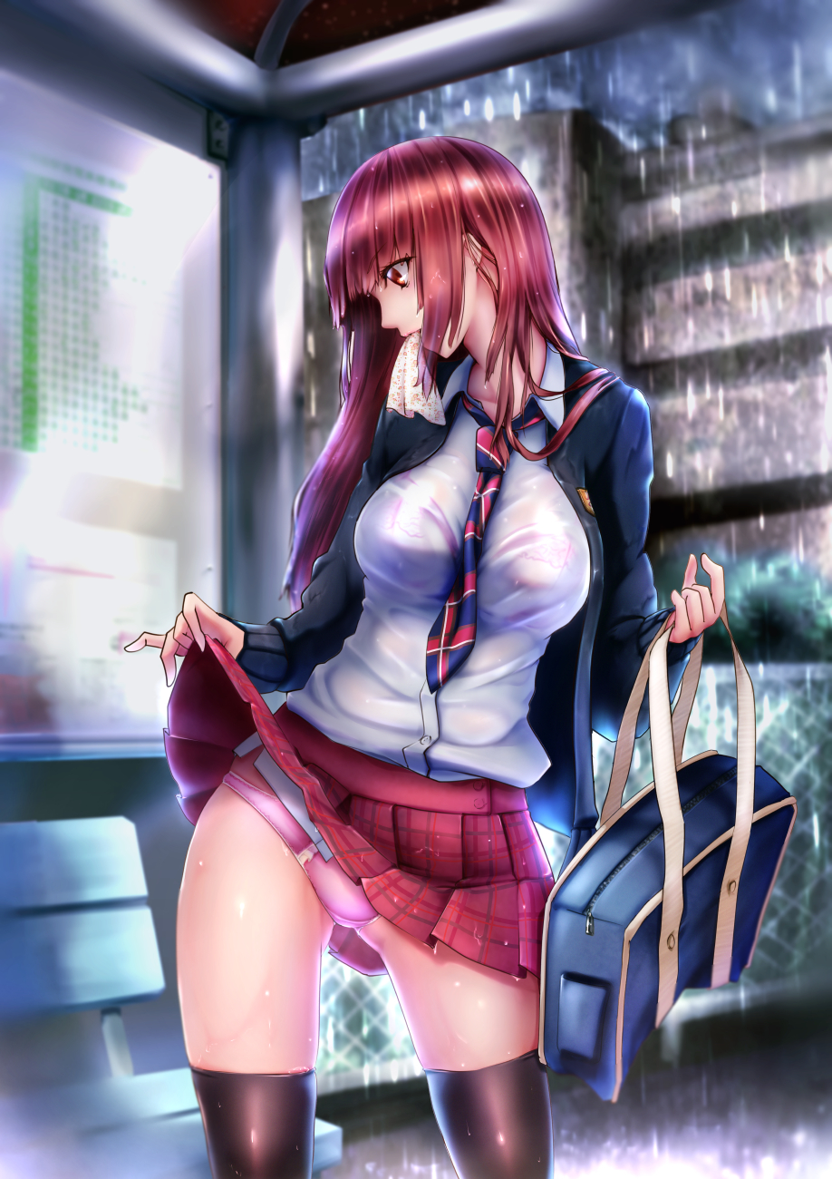 1girl bad_id bad_pixiv_id bag bench big.g black_thighhighs blazer bra bra_visible_through_clothes breasts bus_stop clothes_lift collared_shirt contrapposto cowboy_shot female_focus highres jacket large_breasts lifting_own_clothes long_hair longhorn loose_necktie mouth_hold necktie original panties pink_panties plaid_clothes plaid_skirt pleated_skirt rain red_eyes red_hair school_bag school_uniform see-through_clothes self_exposure shirt skindentation skirt skirt_lift solo standing thighhighs underwear wet wet_clothes wet_shirt white_shirt zettai_ryouiki