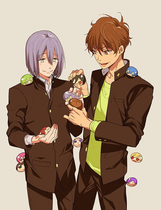 2boys brown_hair gakuran green_eyes high_speed! kirishima_natsuya male_focus megumi-square multiple_boys omanjuu open_mouth purple_hair red_eyes serizawa_nao short_hair simple_background smile