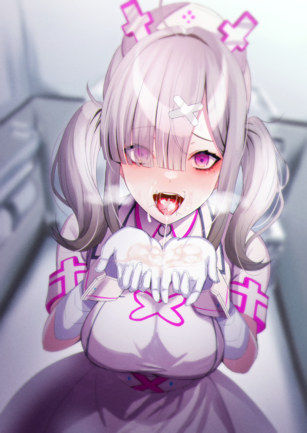 1girl after_fellatio ahoge apron bandaged_arm bandages breasts breath cum cum_in_mouth cum_on_body cum_on_hands cum_on_tongue cum_string cupping_hands eyes_visible_through_hair facial gloves hair_ornament hair_over_one_eye hat large_breasts looking_at_viewer mole mole_under_eye nijisanji nurse nurse_cap open_mouth own_hands_together purple_eyes short_sleeves silver_hair solo stray_pubic_hair sukoya_kana virtual_youtuber white_apron white_gloves wrist_cuffs x_hair_ornament xwu