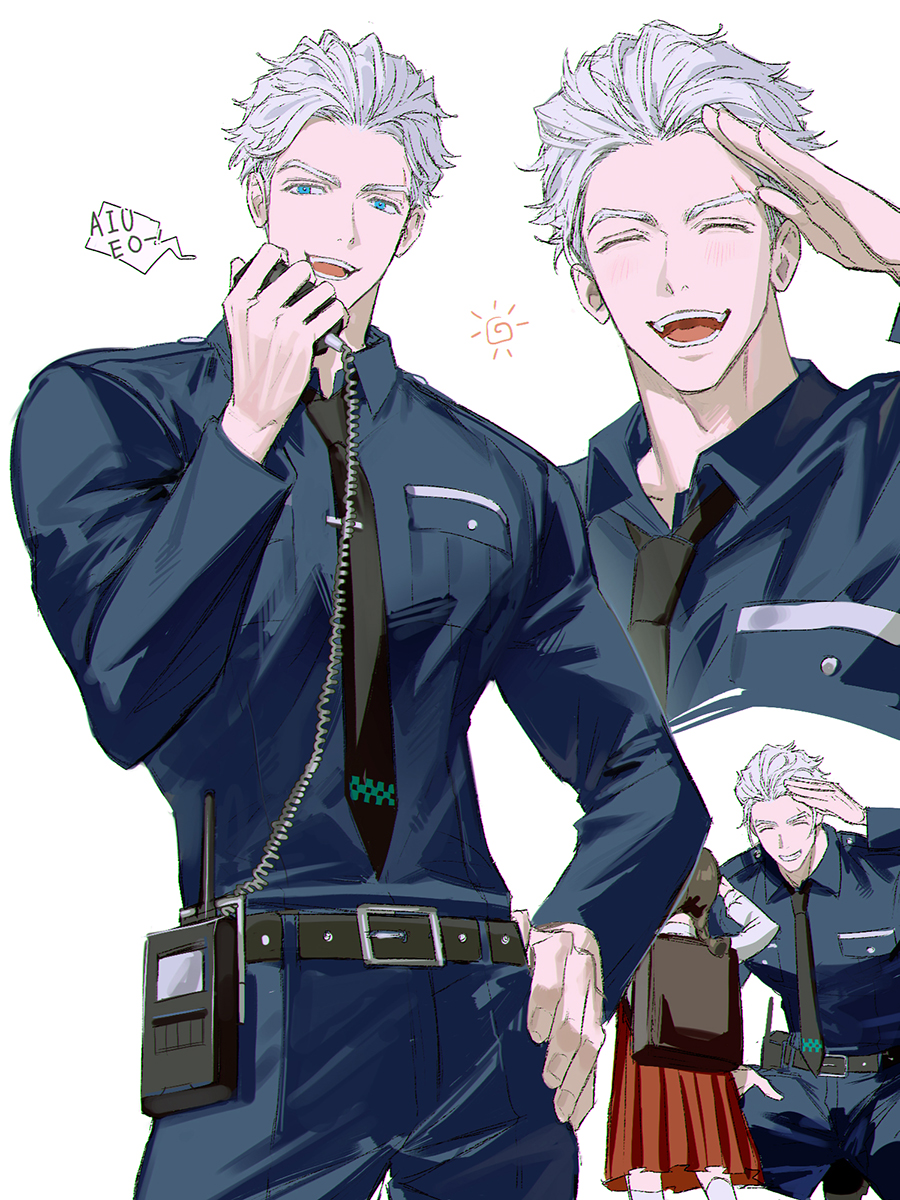 1boy 77ho belt black_belt black_necktie blue_eyes blue_shirt cable child closed_eyes collared_shirt cowboy_shot hand_up highres holding holding_radio laughing long_sleeves male_focus multiple_views necktie open_mouth parted_bangs people salute shirt shirt_tucked_in simple_background speech_bubble teeth umemiya_hajime uniform upper_body upper_teeth_only walkie-talkie white_background white_hair wind_breaker_(nii_satoru)