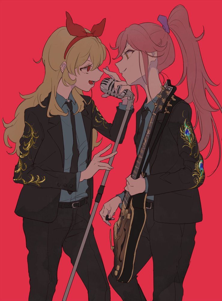 2girls :d aikatsu! aikatsu!_(series) bad_id bad_twitter_id black_jacket black_pants blonde_hair bow collared_shirt cowboy_shot eye_contact face-to-face formal_clothes grey_shirt guitar hair_bow holding holding_guitar holding_instrument holding_microphone_stand holding_plectrum hoshimiya_ichigo instrument jacket long_hair long_sleeves looking_at_another microphone_stand multiple_girls open_mouth otoshiro_seira pants pink_background pink_hair plectrum ponytail print_jacket profile red_eyes shiontaso shirt simple_background smile standing suit