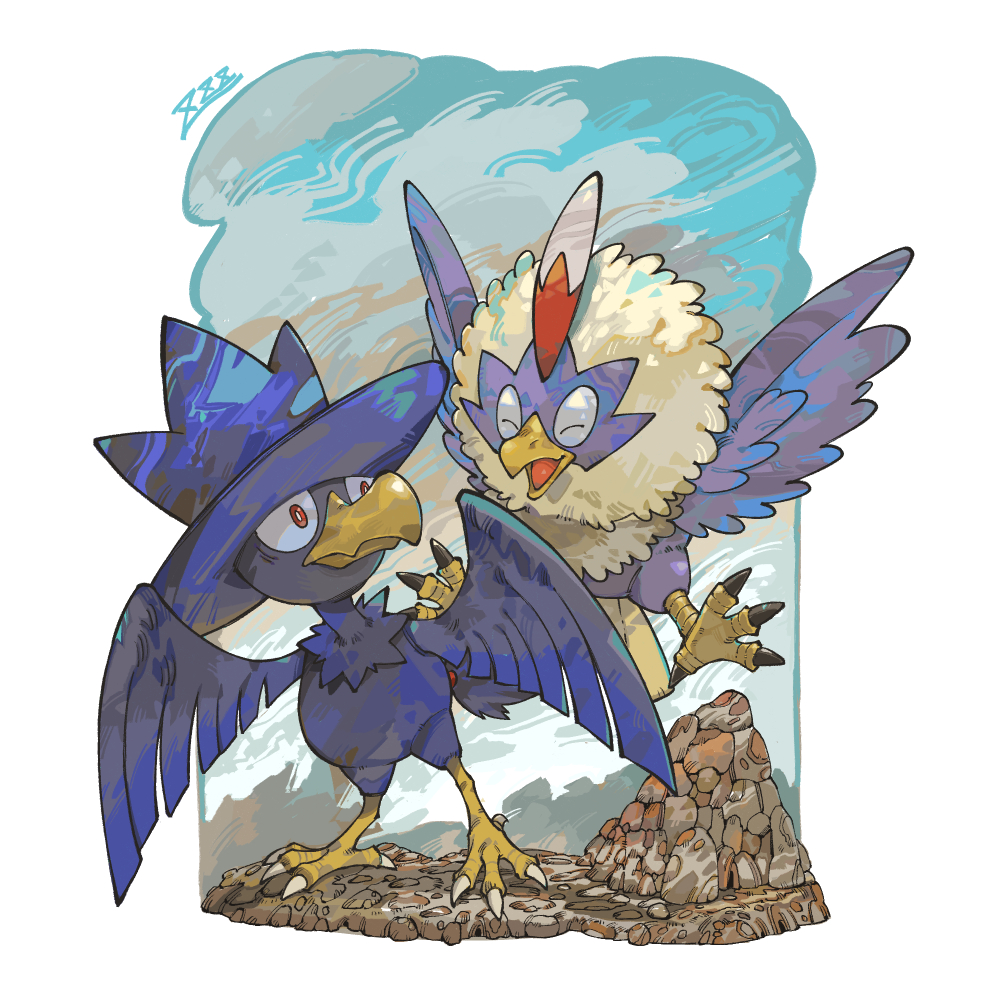 animal_focus bird border bright_pupils closed_eyes closed_mouth commentary_request gen_2_pokemon gen_5_pokemon murkrow nintendo no_humans open_mouth oyasuminjyutsu pokemon pokemon_(creature) red_eyes rufflet signature standing tongue white_border white_pupils