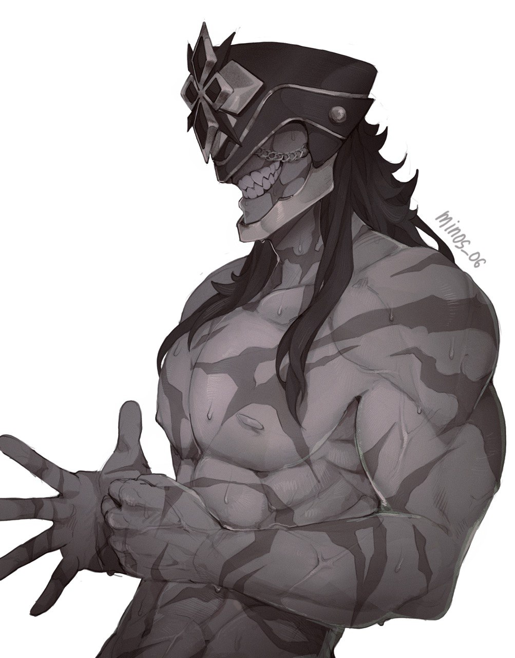 1boy arms_up capitano_(genshin_impact) commentary cowboy_shot english_commentary from_side genshin_impact grin groin helmet highres long_hair male_focus minos_06 nipples nude pectorals scar scar_on_arm scar_on_chest scar_on_face scar_on_neck scars_all_over sharp_teeth simple_background smile solo sweat teeth too_many twitter_username veins veiny_arms white_background
