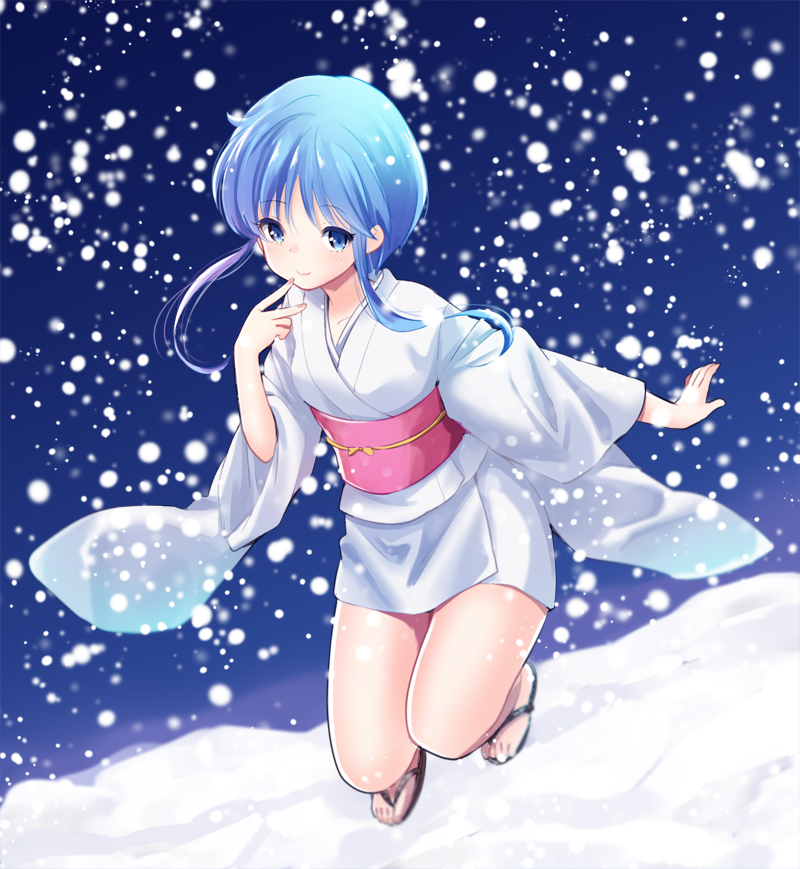 1990s_(style) 1girl blue_eyes blue_hair female_focus ica japanese_clothes jigoku_sensei_nube kimono matching_hair/eyes retro_artstyle sandals short_kimono sidelocks smile snowing solo yuki_onna yukime_(jigoku_sensei_nube)